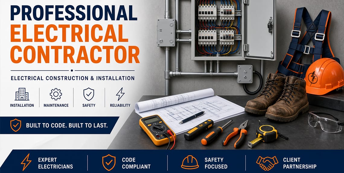 Home Professional electrical contractor graphic for Keywest Lights & Electric showing electrical construction, installation, maintenance and safety services