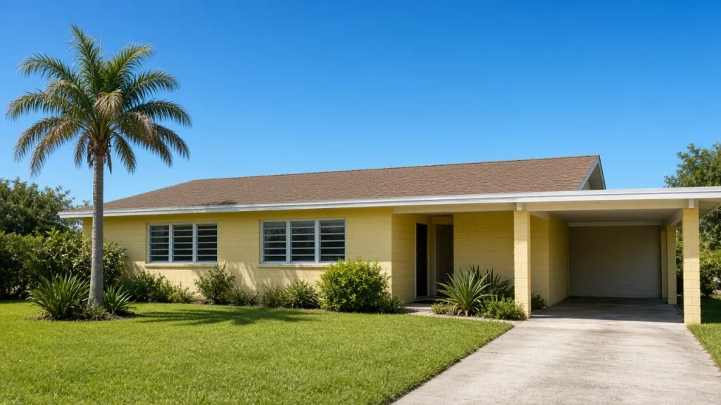 Illustration (AI-generated, not a Keywest Lights job): a 1970s Florida ranch home of the era when aluminum branch wiring was used