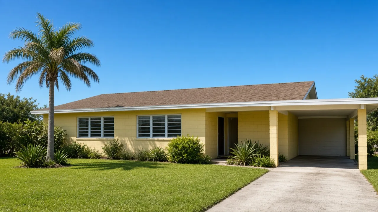 Illustration (AI-generated, not a Keywest Lights job): a 1970s Florida ranch home of the era when aluminum branch wiring was used