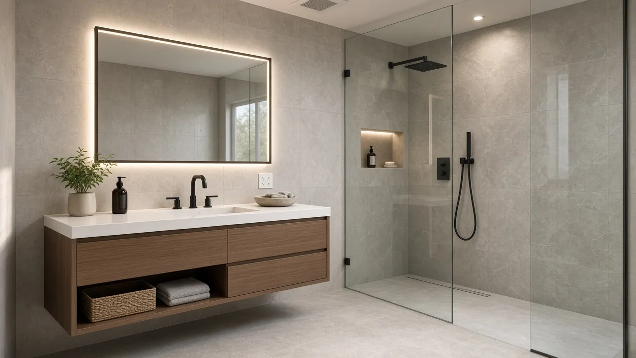 Illustration of a remodeled bathroom with a lighted mirror, GFCI outlet and exhaust fan