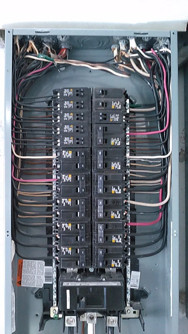 Breaker panel with neatly dressed branch circuits above the main breaker