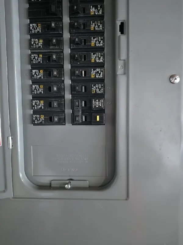 Breaker panel with neatly installed breakers and a filled dead front