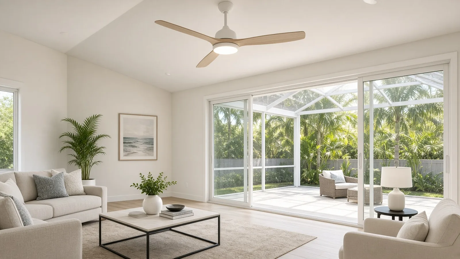 Illustration of a white ceiling fan with an LED light in a bright Florida living room facing a screened lanai