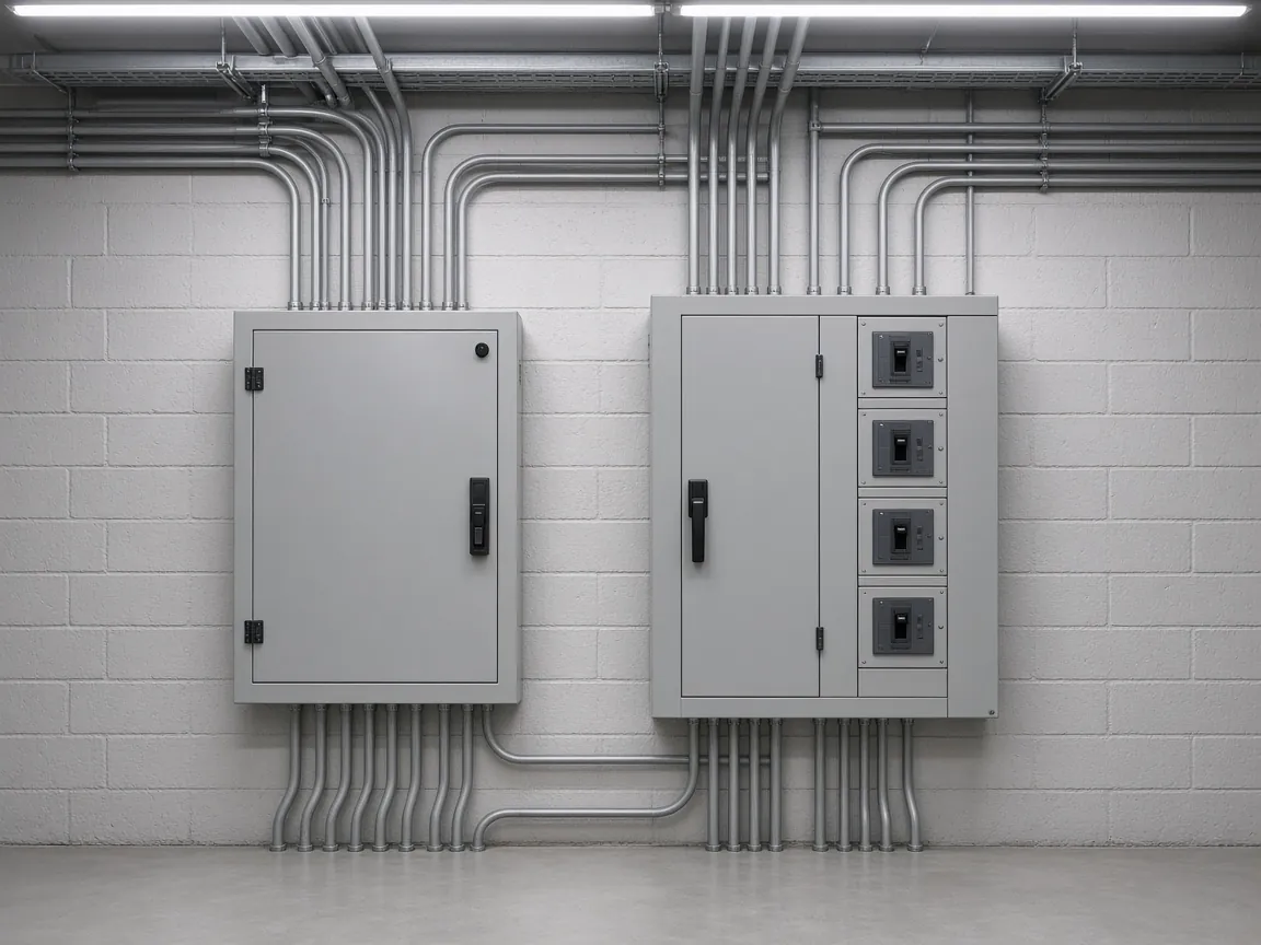 Commercial electrical room with distribution panels and overhead conduit