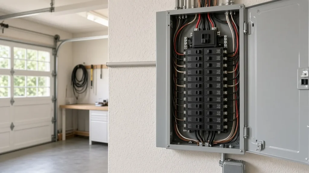 Illustration of an open residential electrical panel with labeled breakers on a Pinellas County home upgrade