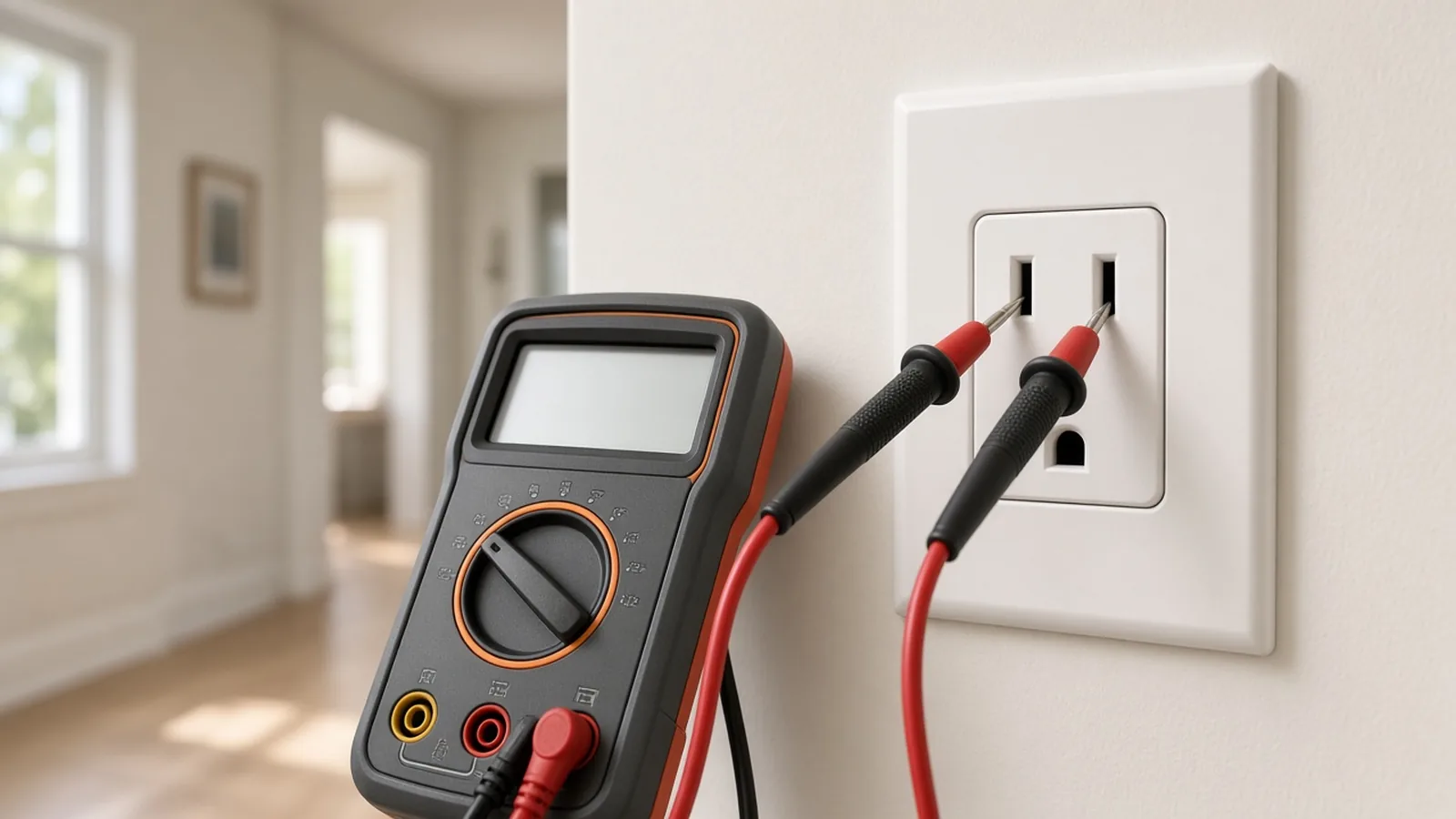 $49 Electrical Safety Checkup in Seminole & Pinellas Illustration of a digital multimeter testing a wall outlet during a home electrical safety checkup