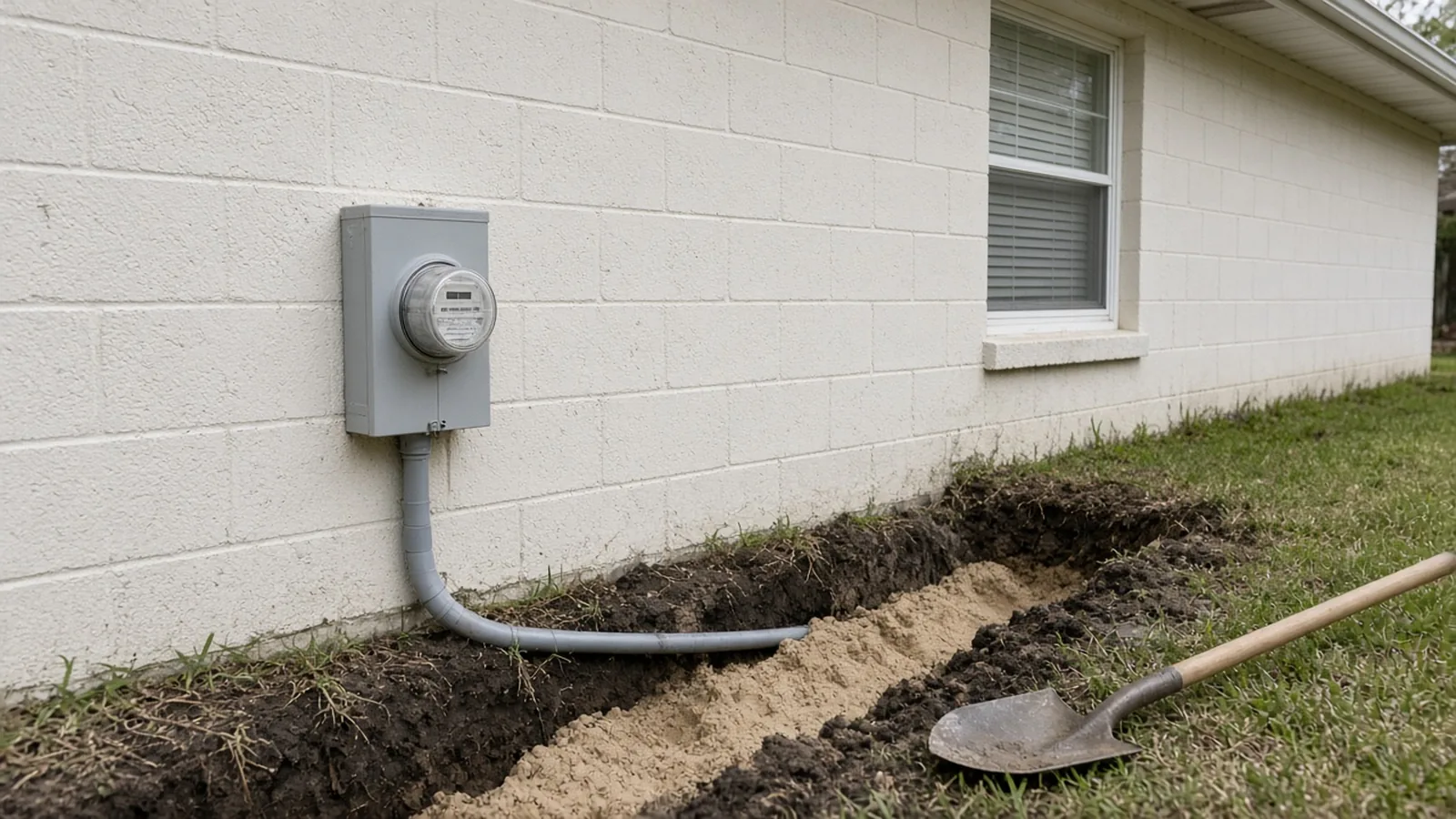 Illustration of a new meter base with conduit into a trench for an underground service upgrade