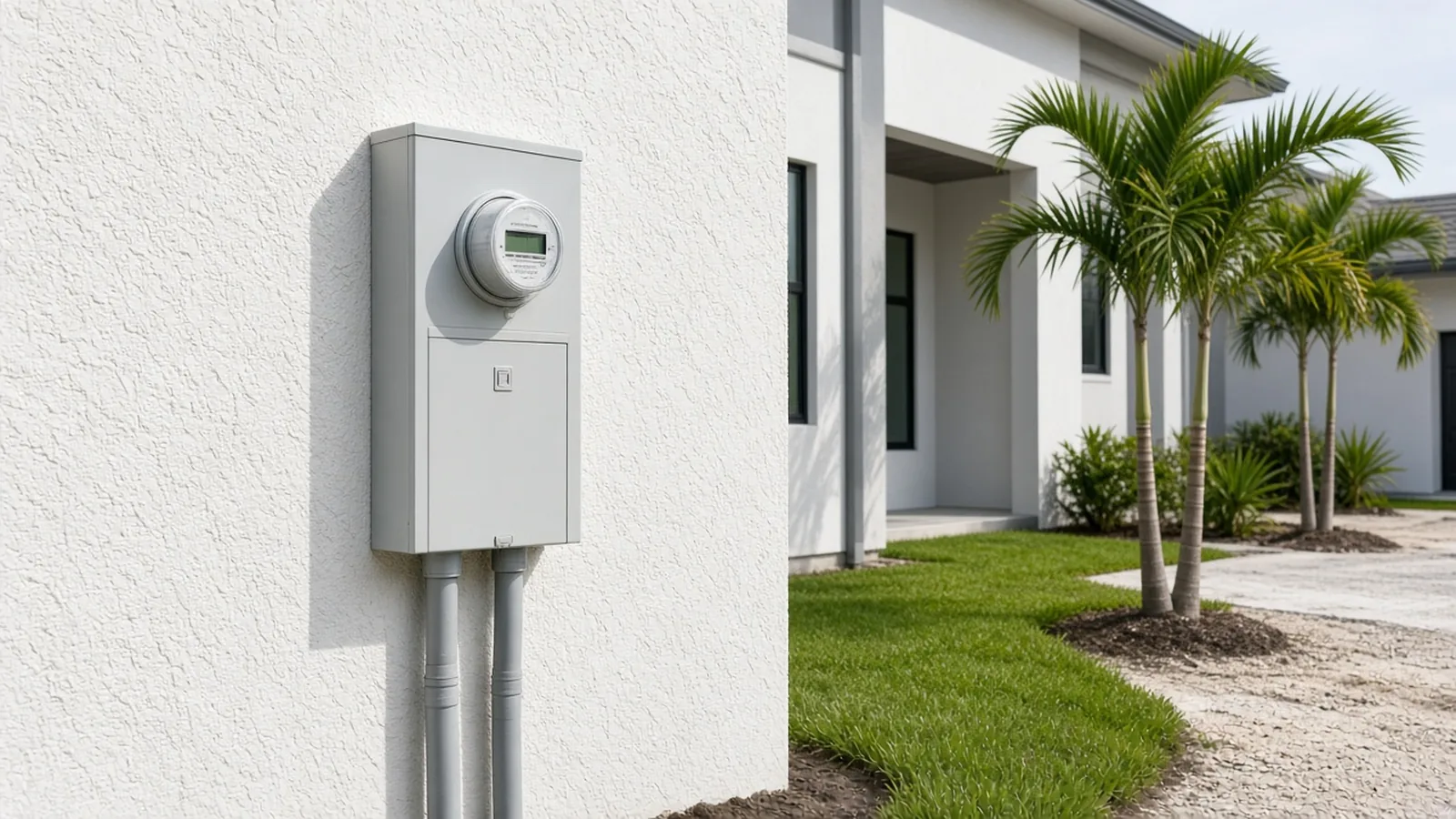 Illustration of a meter-main combination panel on a newly built modern Florida home