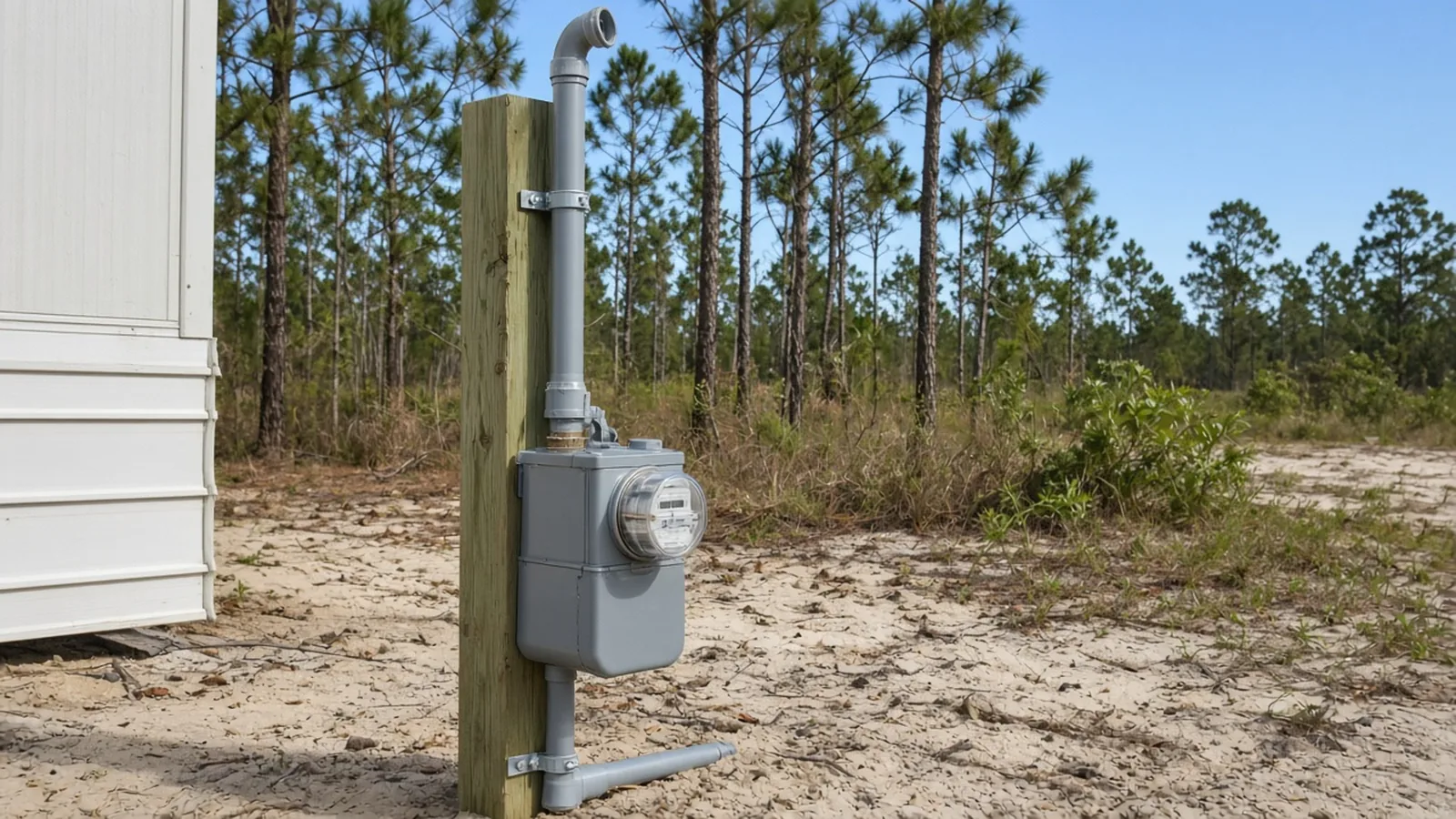 Illustration of a meter base and service riser on a treated post at a rural Florida home site