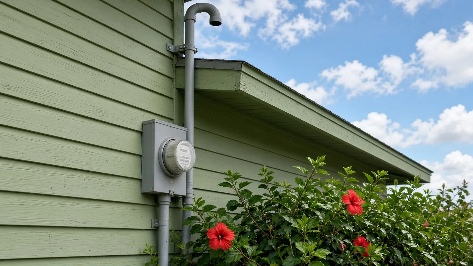 Illustration of a meter base and service mast through the roof overhang of a green Florida bungalow