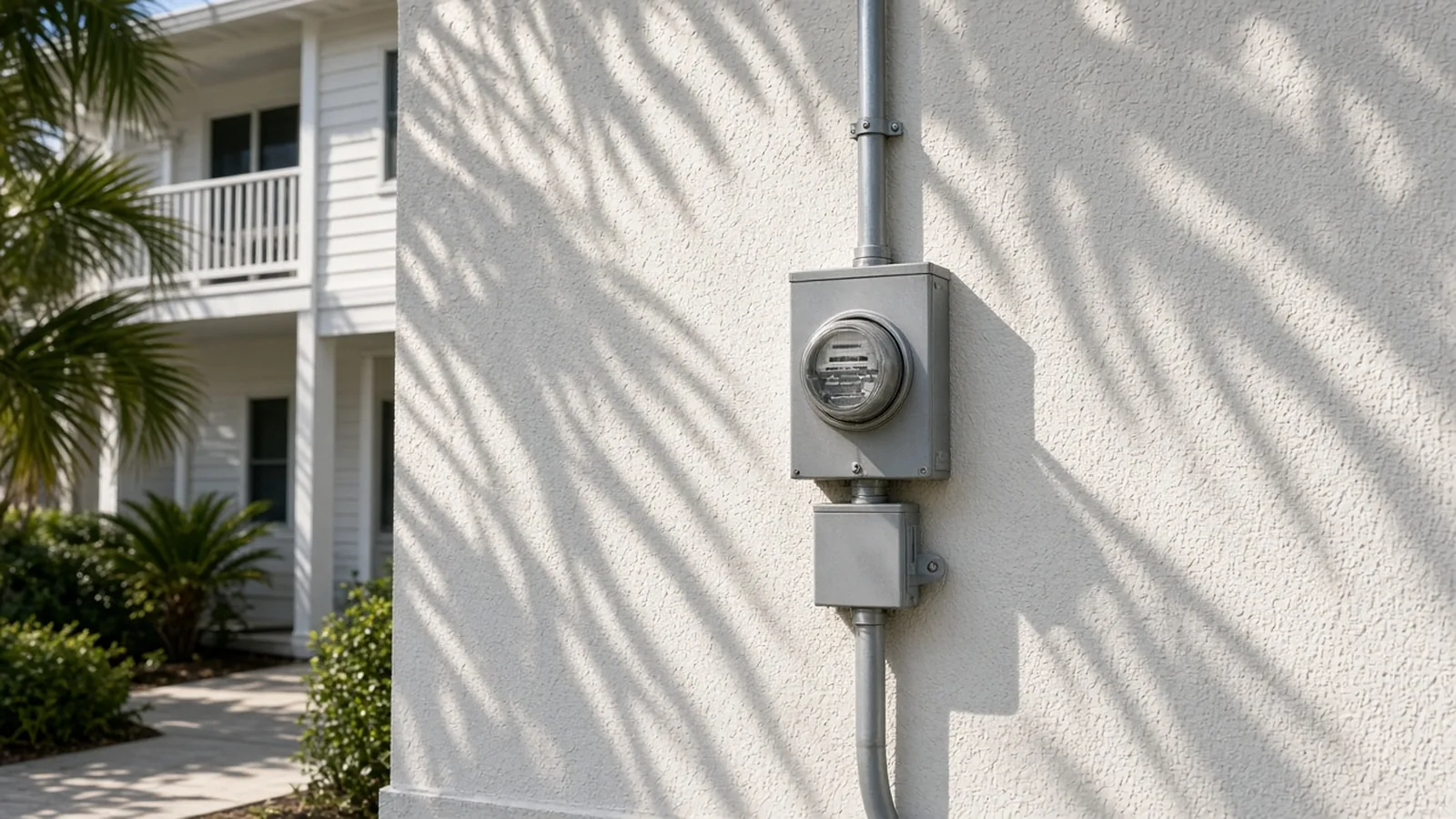 Illustration of an electric meter and conduit on the stucco wall of a two-story Florida townhome