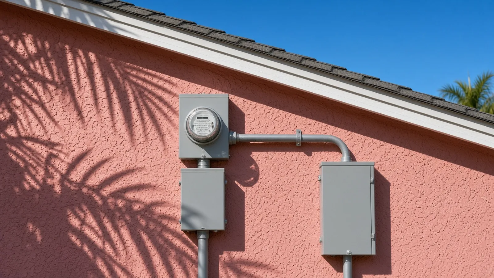 Illustration of an electric meter and breaker enclosures on a coral-pink stucco Florida home