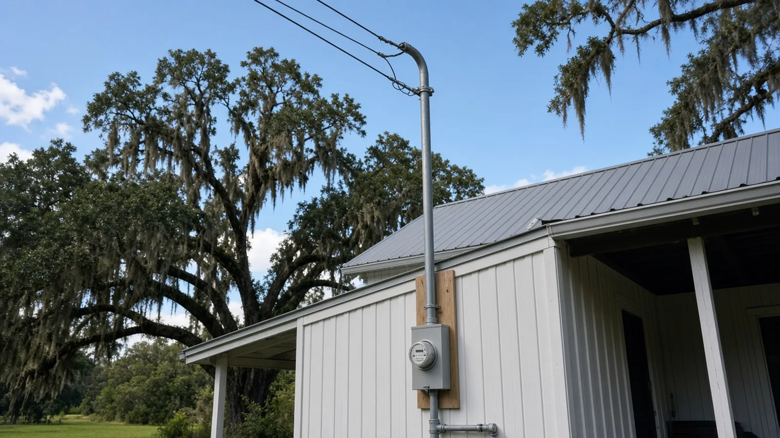 Electrical Service Upgrades in Wesley Chapel, FL Illustration of a service mast weatherhead and meter base on a metal-roof Florida farmhouse