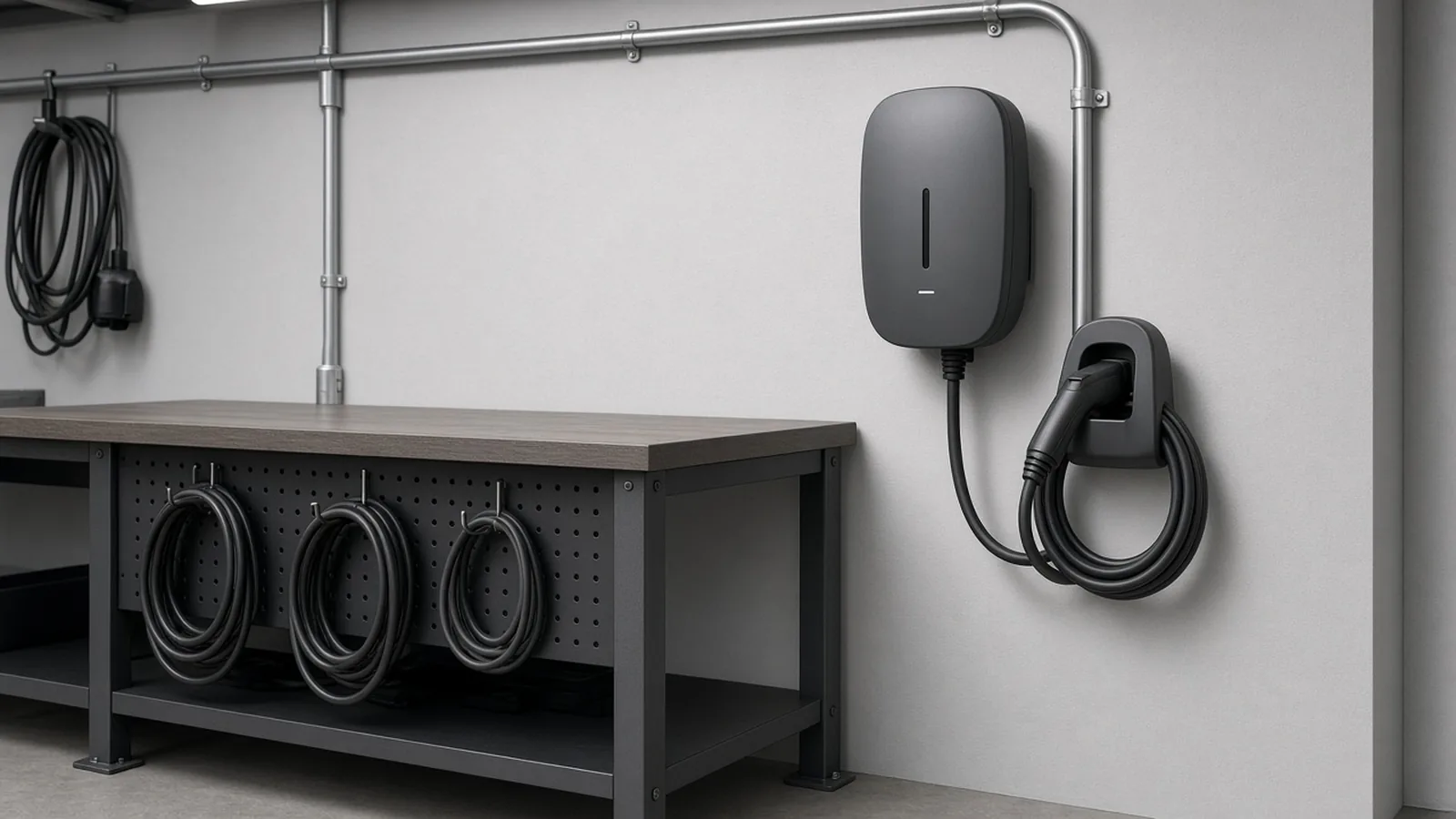 EV Charger Installation in Carrollwood, FL Illustration of a gray Level 2 EV charger fed by EMT conduit beside a garage workbench