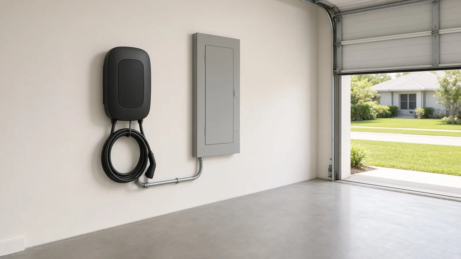 Illustration of a black Level 2 EV charger connected by conduit to a breaker panel in a Florida garage