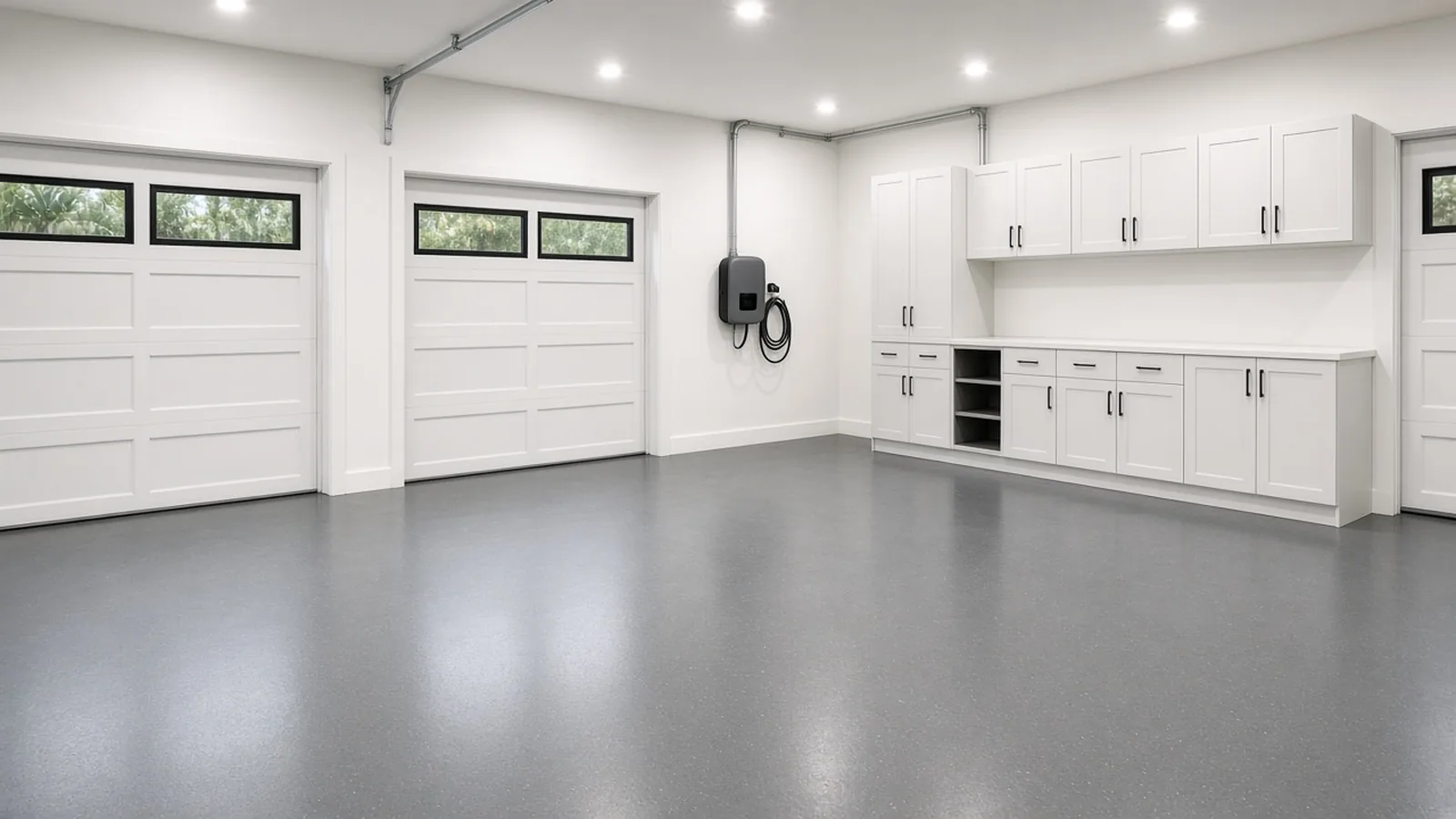Illustration of a Level 2 EV charger between bays in a three-car garage with epoxy floor