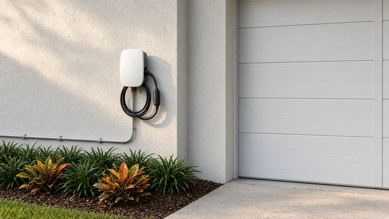 Illustration of a Level 2 EV charger on a stucco wall beside a townhouse garage door