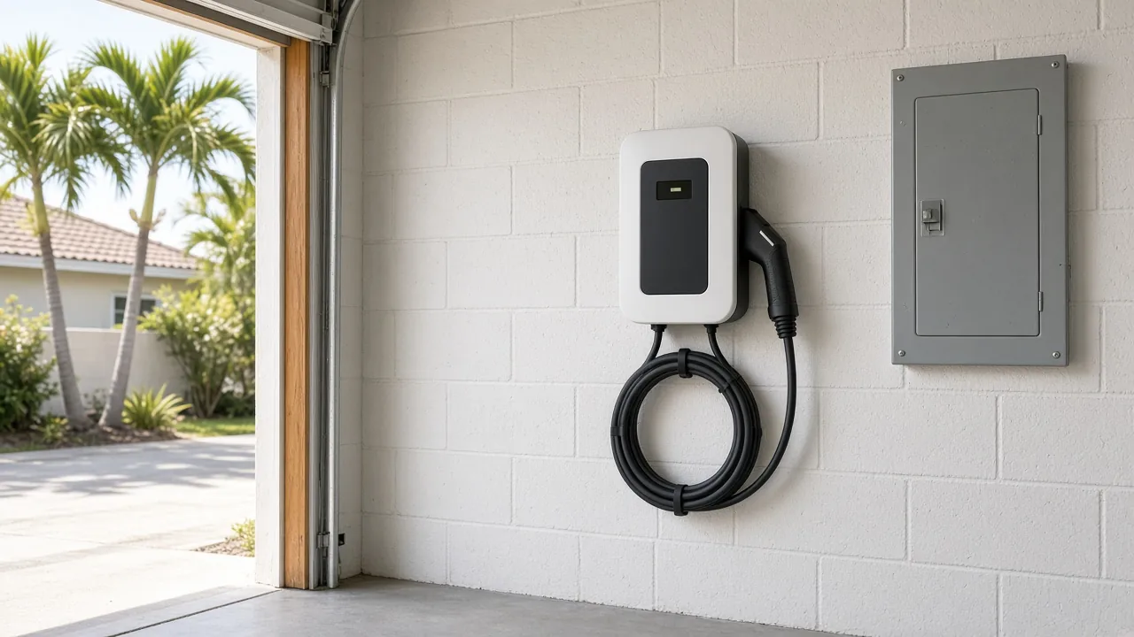 EV Charger Installation in Pinellas County Illustration of a wall-mounted Level 2 EV charger beside an electrical panel in a Florida garage