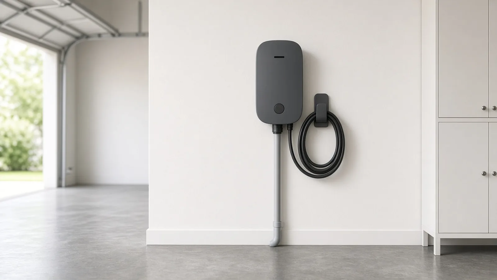EV Charger Installation in Sarasota, FL Illustration of a wall-mounted Level 2 EV charger with a coiled cable in a bright Florida garage