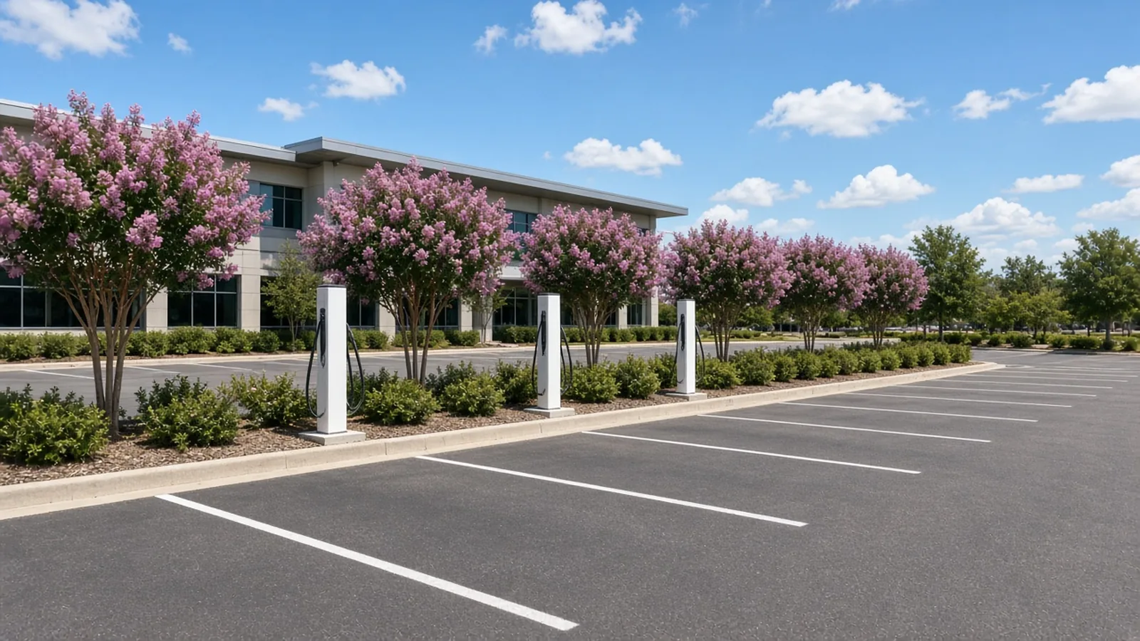 Illustration of pedestal EV chargers along a landscaped curb in a commercial parking lot