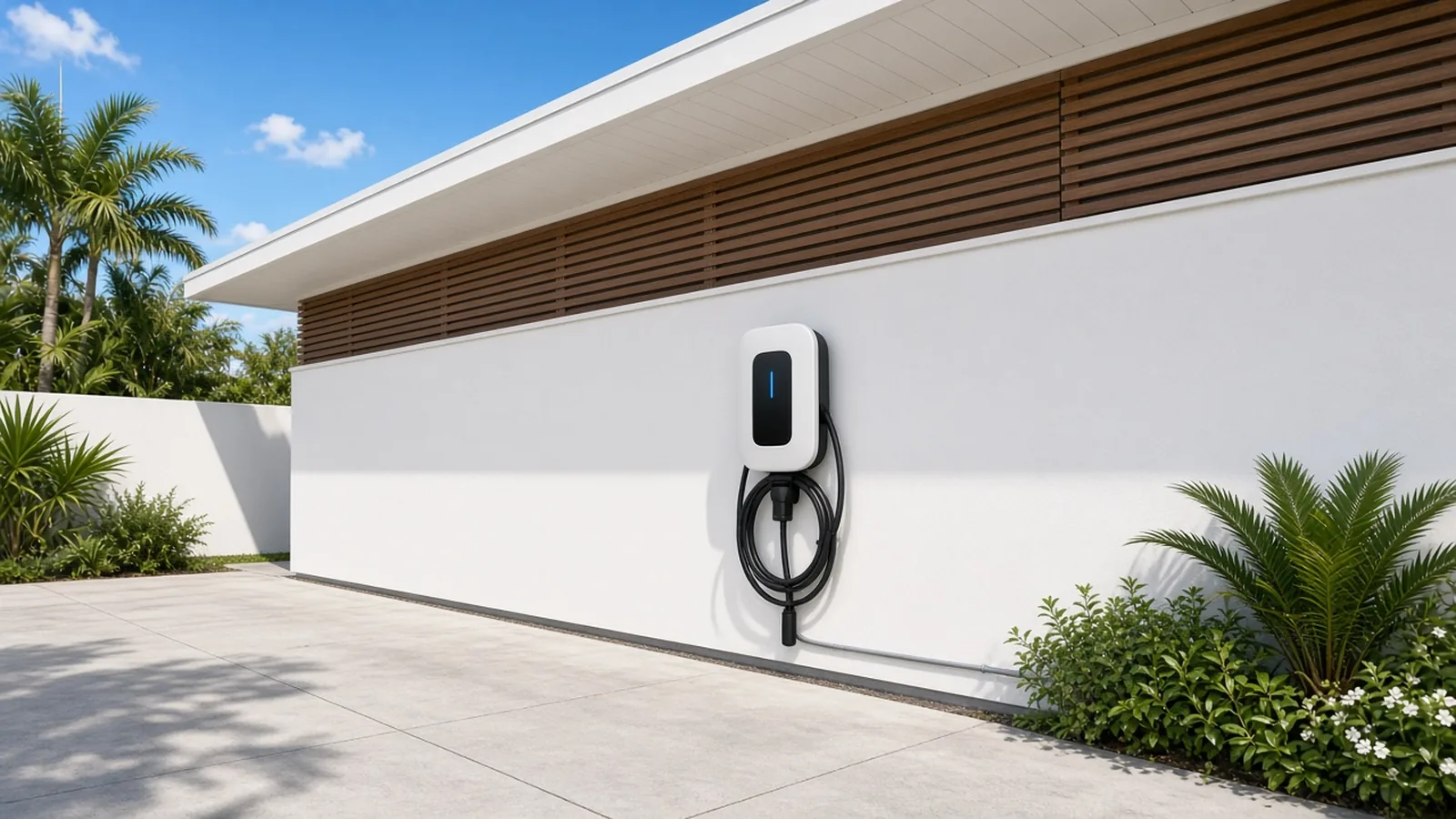 Illustration of a Level 2 EV charger on the white exterior wall of a modern Florida home