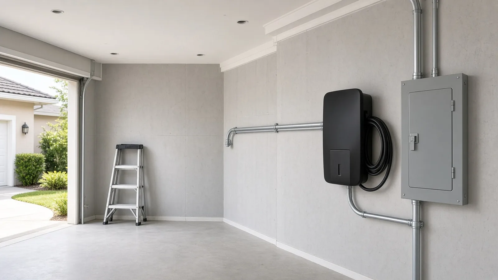 Illustration of a newly installed EV charger connected by conduit to a breaker panel in a new-build garage