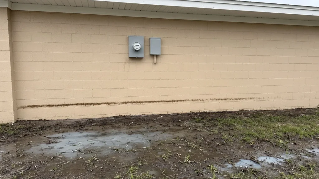 Illustration (AI-generated, not a Keywest Lights job): a flood water line below the meter on a Florida block home