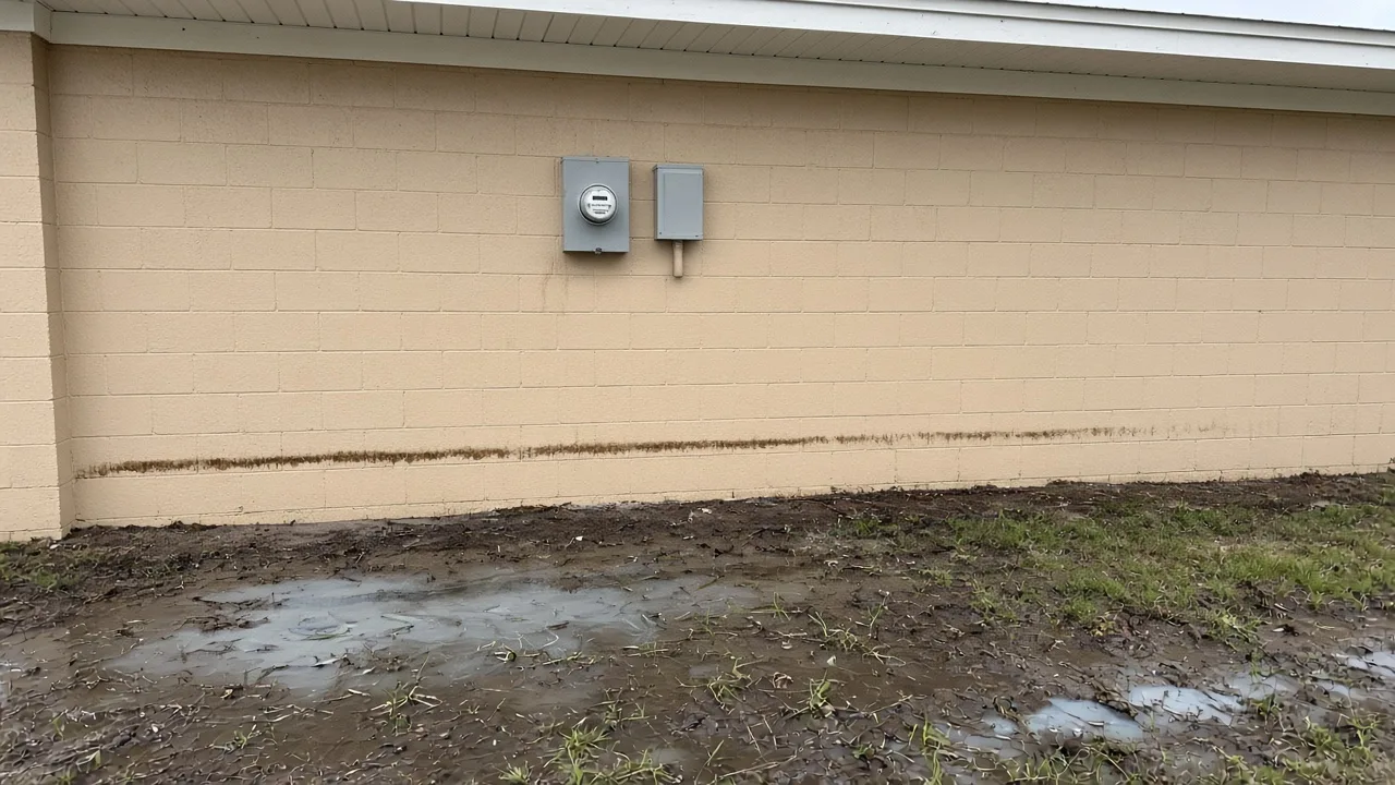 Illustration (AI-generated, not a Keywest Lights job): a flood water line below the meter on a Florida block home