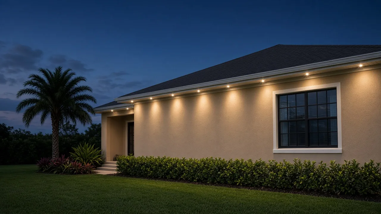 Illustration (AI-generated, not a Keywest Lights job): warm-white lights mounted under the eave of a Florida home at dusk