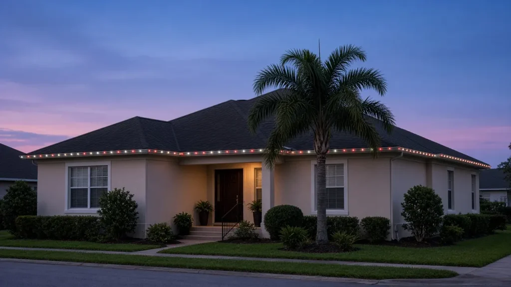 Illustration (AI-generated, not a Keywest Lights job): red and white lights mounted under the eave of a Florida home at dusk