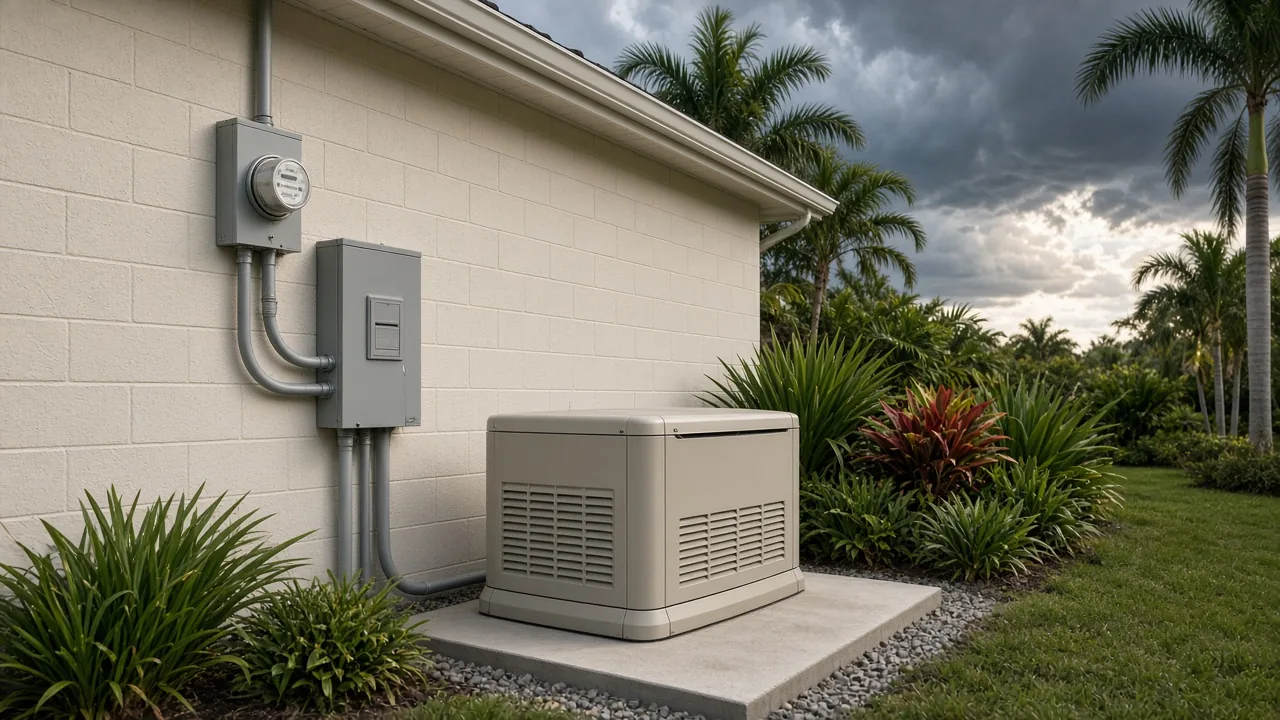 Illustration of a standby generator on a concrete pad beside a Florida block home with a transfer switch and meter