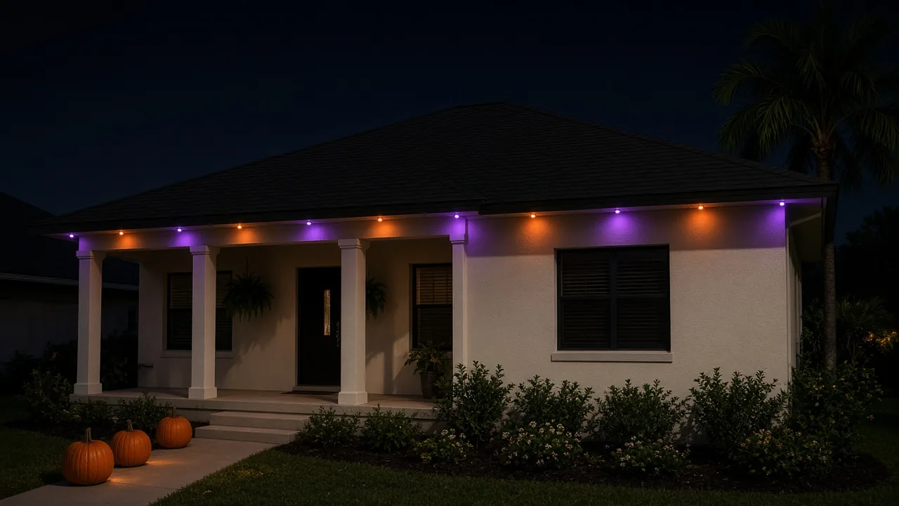 AI-generated image: orange and purple point lights mounted under the eave soffit of a single-story Florida home at night with pumpkins on the walk