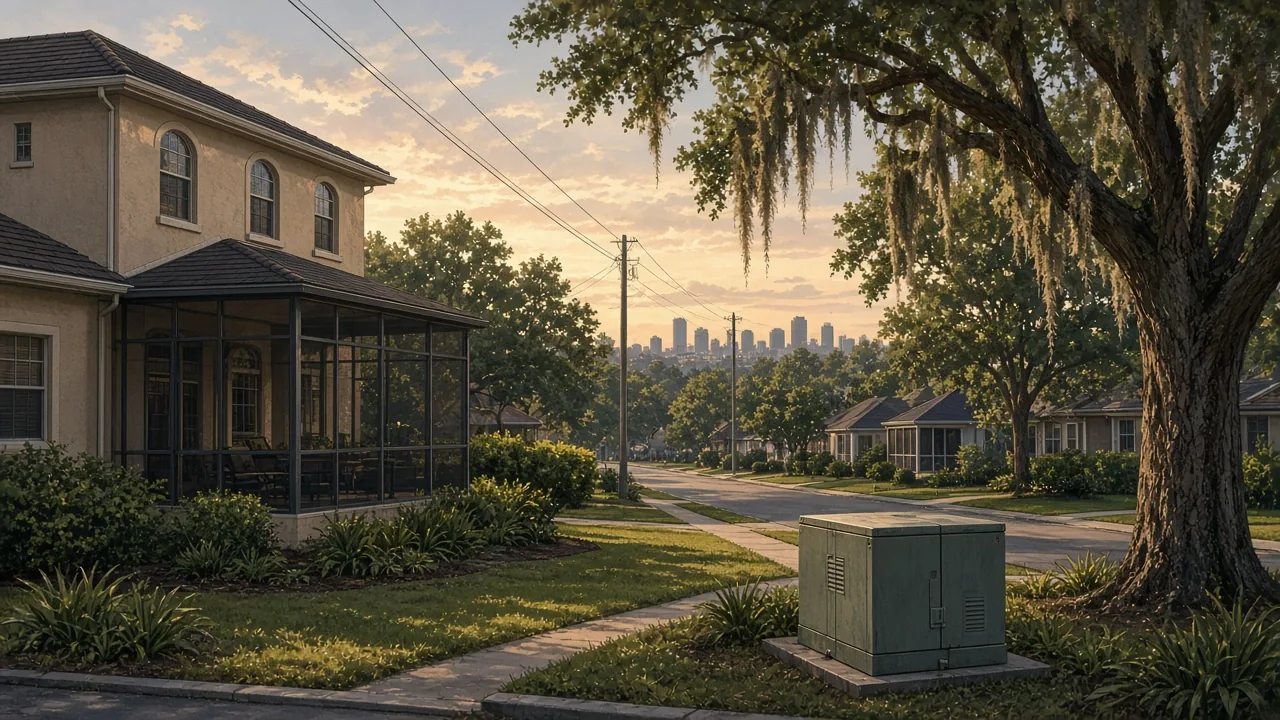 Illustration of a Hillsborough County street with oak trees, power lines and a distant skyline