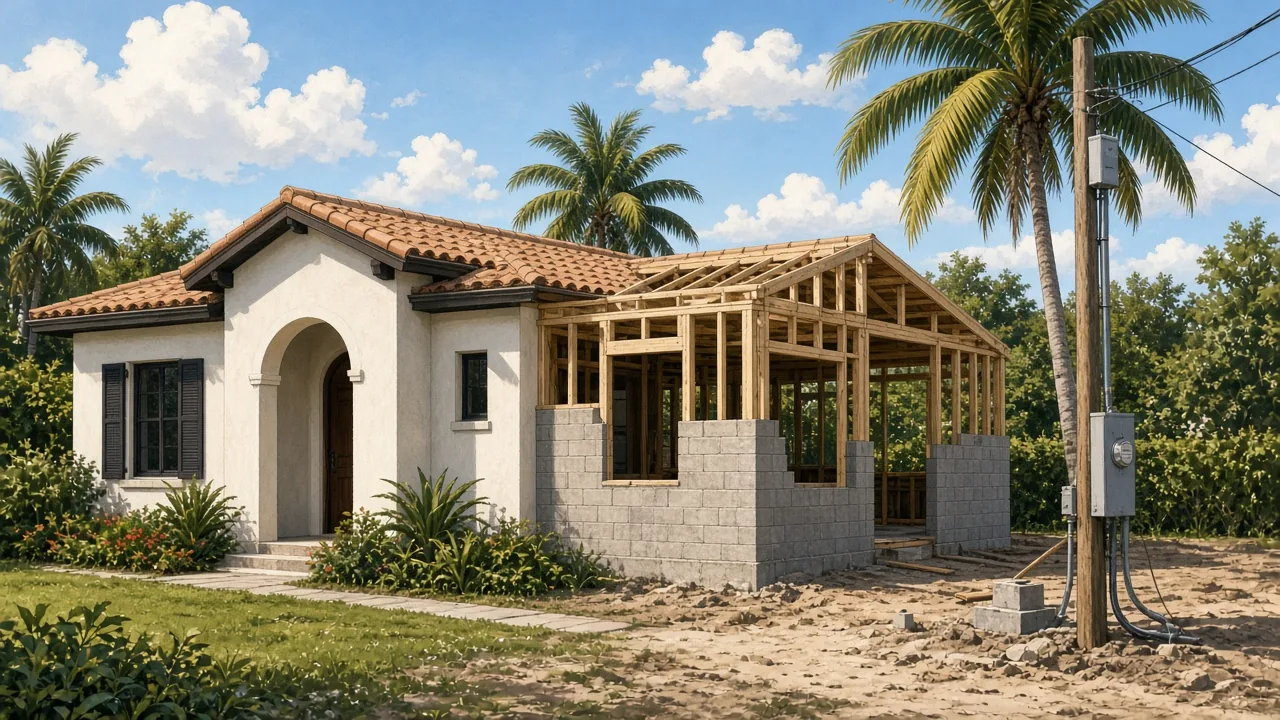 Illustration of a room addition being framed onto a Florida stucco home with temporary power