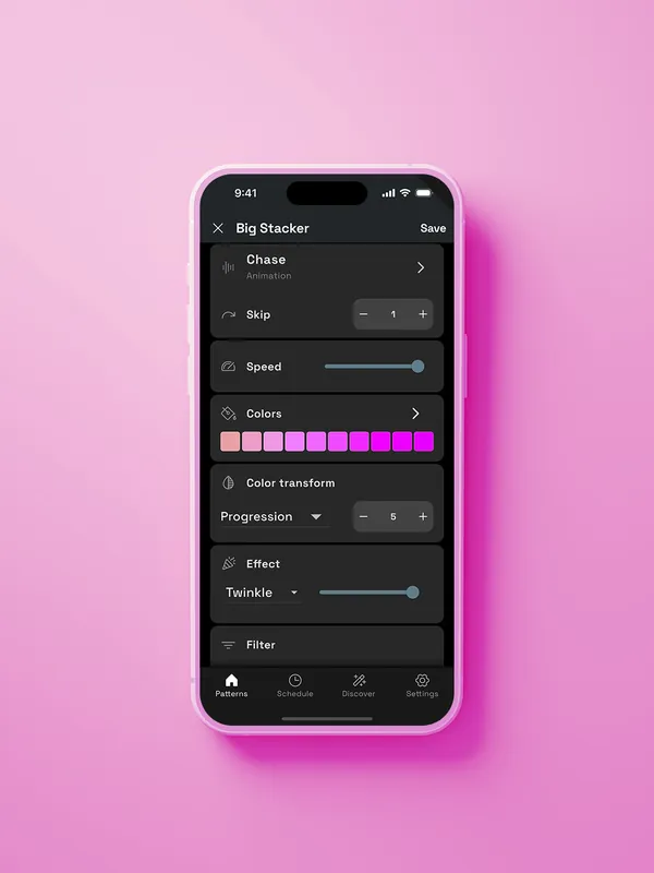 JellyFish Lighting app screen for customizing a pattern’s colors, speed and effect