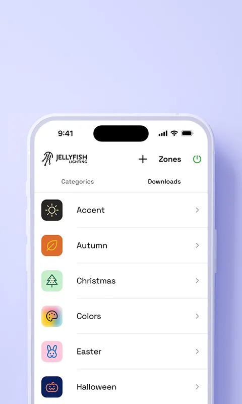 JellyFish Lighting app pattern categories screen with Accent, Christmas, Colors and Halloween
