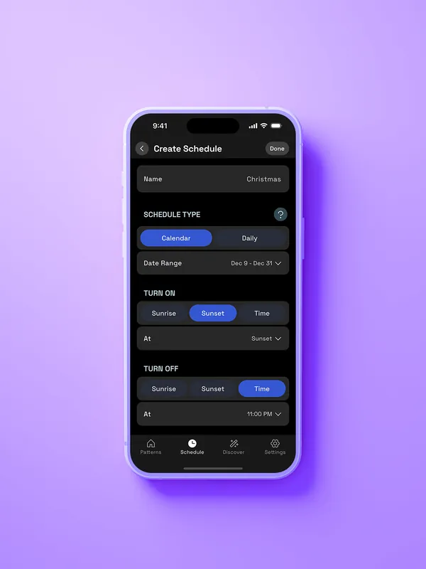 JellyFish Lighting app schedule screen setting lights to turn on at sunset and off at a set time
