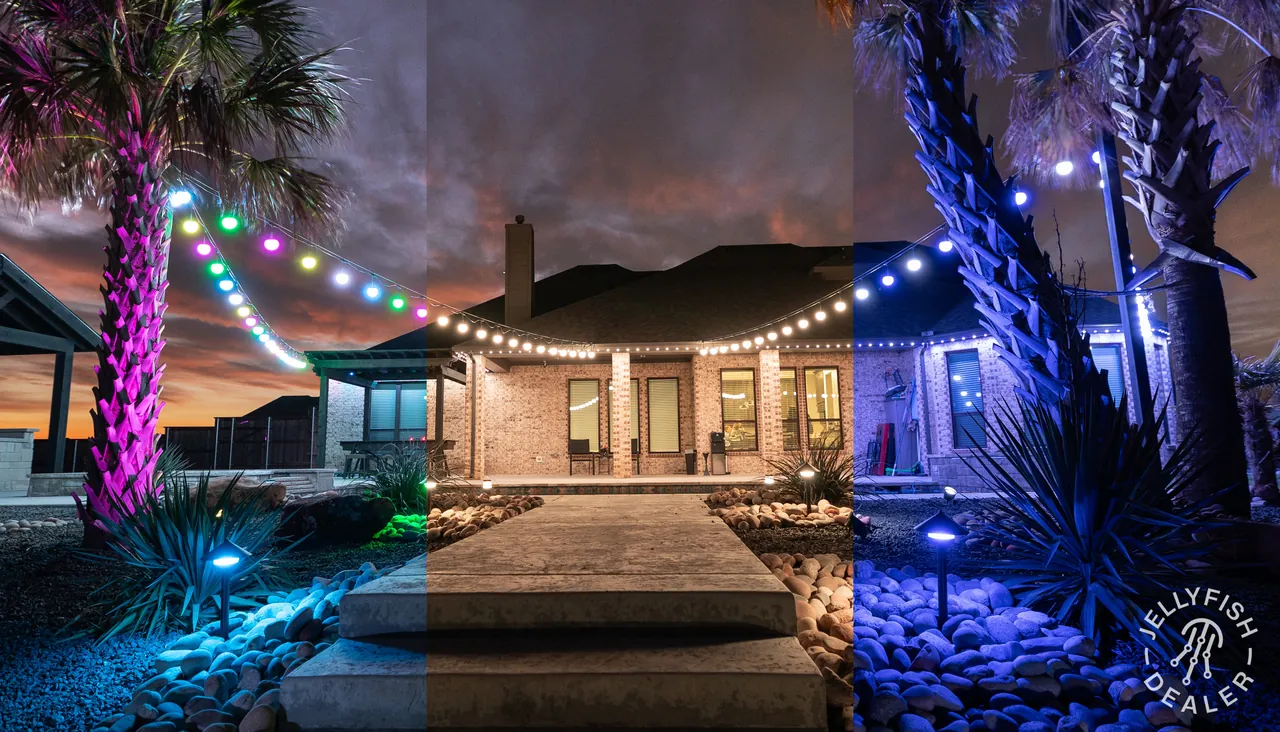 Christmas JellyFish permanent roofline lights on a single-family home in East Lake, FL