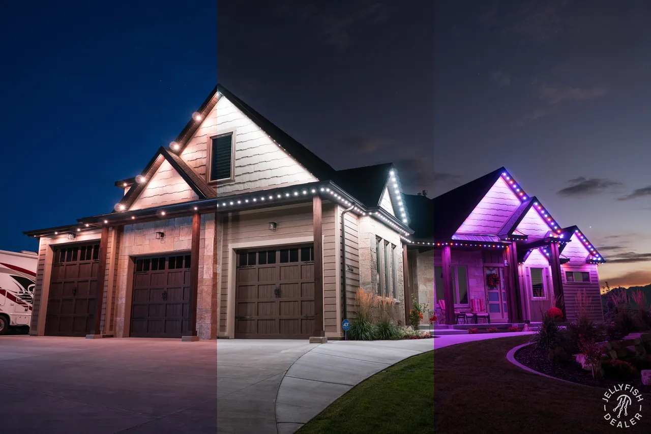 Warm-white and purple JellyFish permanent roofline lights on a cottage-style home in Indian Rocks Beach, FL
