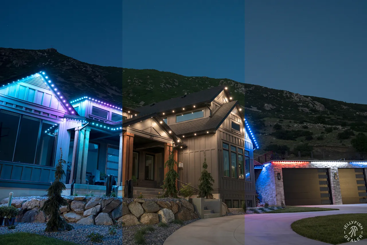 Home roofline lit in team colors for game day with JellyFish Lighting permanent lights