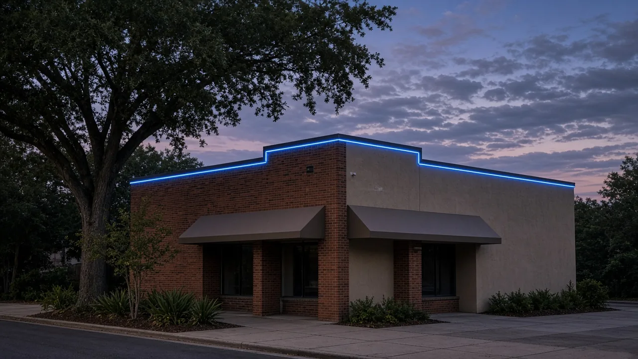 Illustration of a small brick storefront outlined in a steady blue permanent roofline light at dusk