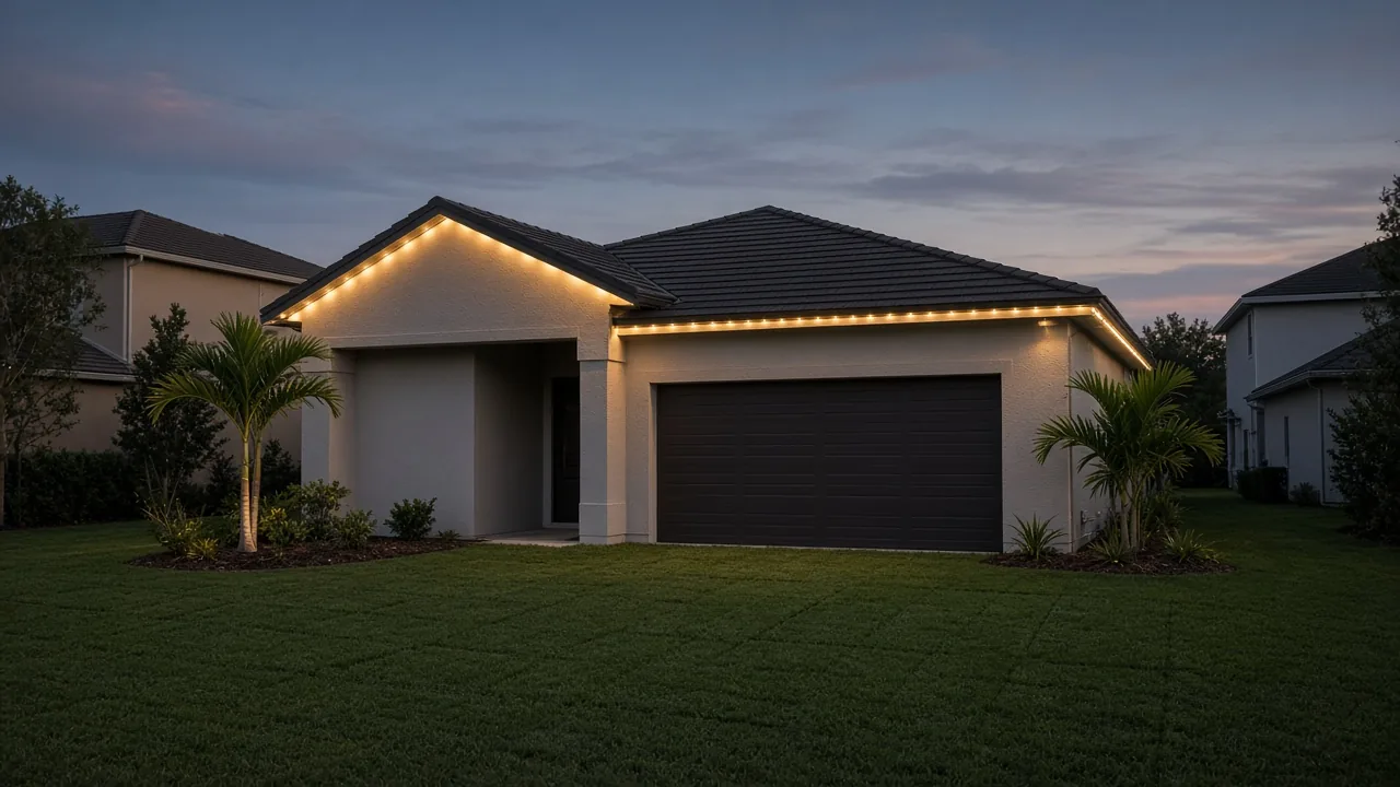 Illustration of a newer suburban Florida home with warm white permanent lights along the roofline at dusk