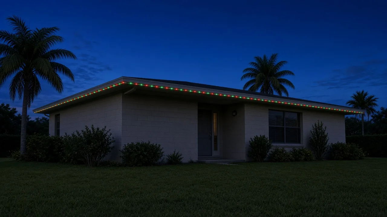 Illustration of a Florida block home with red and green permanent lights along the roofline at dusk