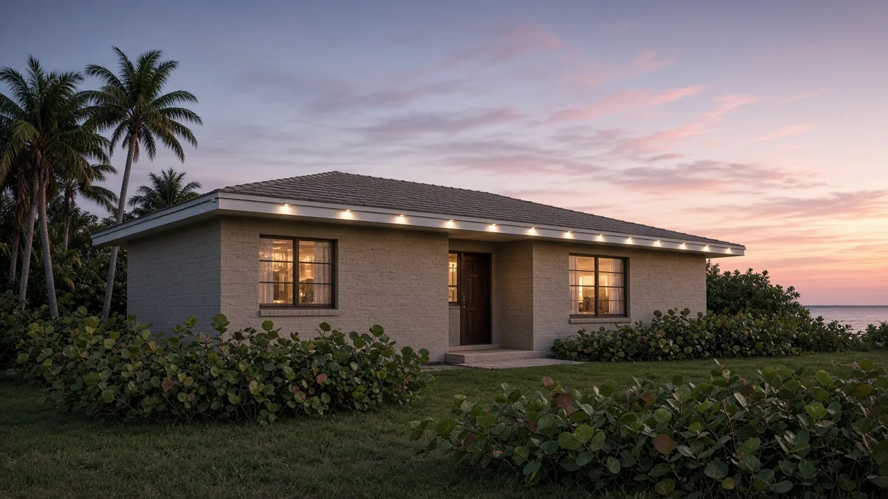 Illustration of a single-story Florida block ranch home near the Gulf with warm white permanent lights under the soffit at dusk