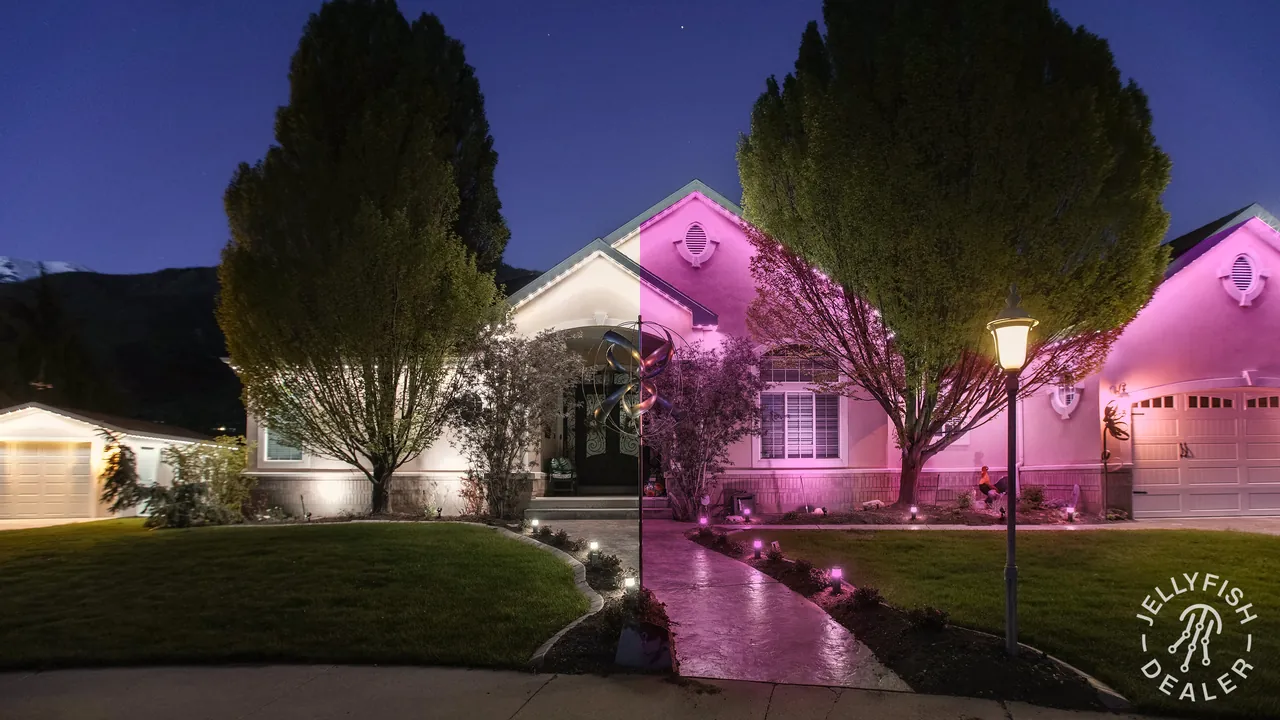 JellyFish Lighting on a home showing bright white security light on one side and pink accent light on the other
