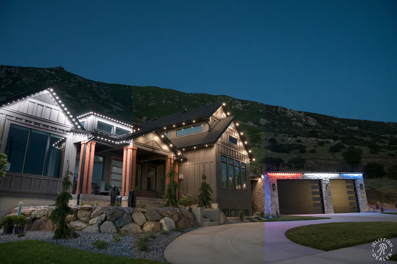 Two-story home with bright white JellyFish Lighting security light along the eaves and soft accent color on the gables