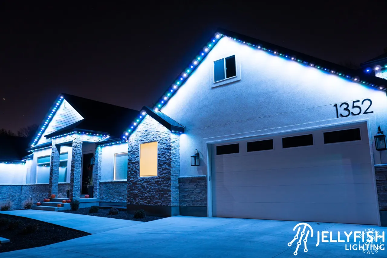 Permanent Christmas Lights in Pinellas County, FL Home lit in a cool blue JellyFish permanent lighting scene, the same lights used for Christmas
