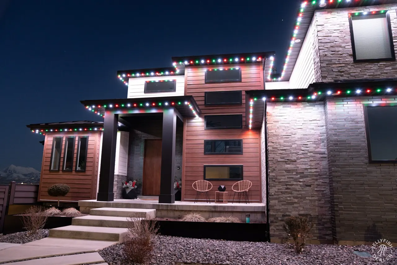 Permanent Christmas Lights in Belleair Bluffs, FL Modern two-story home with multicolor JellyFish permanent lights