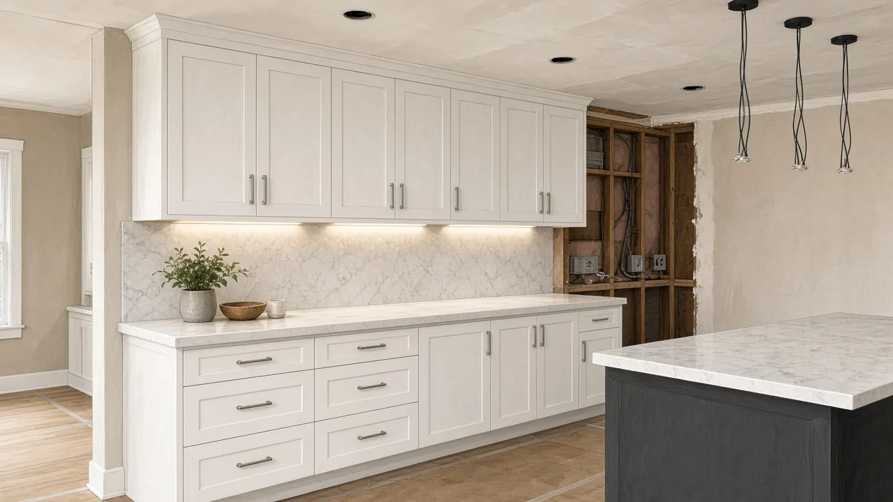 Illustration of a kitchen remodel with new outlets, recessed lights and pendant wiring