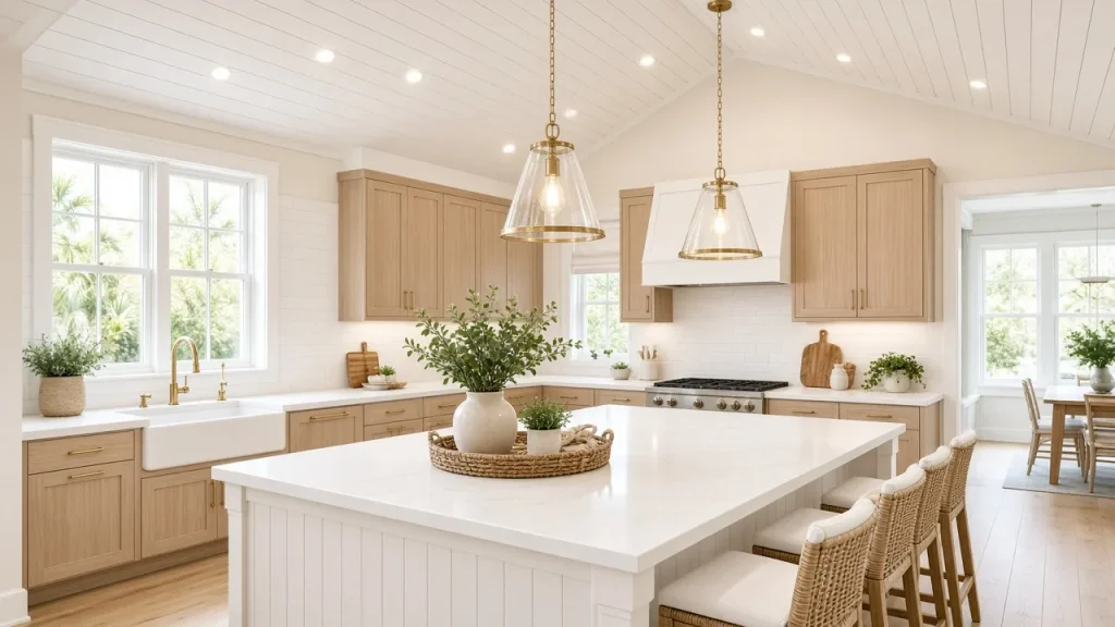 Recessed and Pendant Lighting for Kitchens and Vaulted Ceilings: A Pinellas County Homeowner's Guide Illustration of a vaulted-ceiling kitchen with recessed lights and two glass pendants over an island